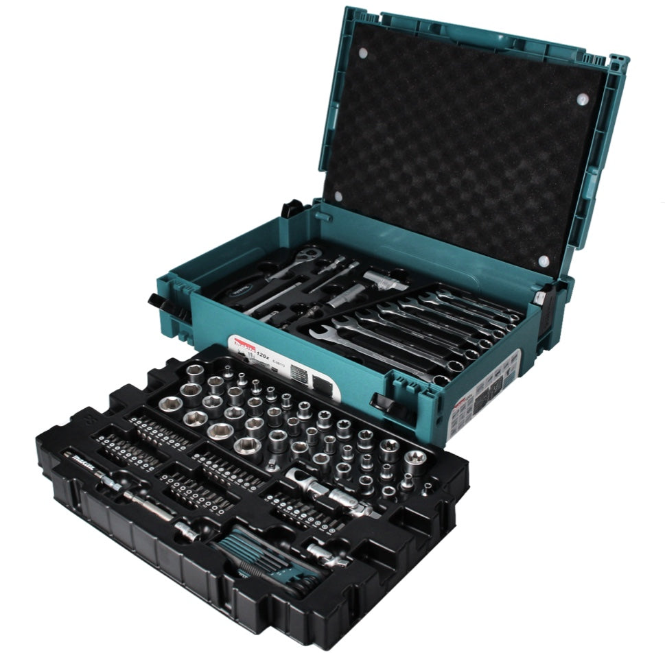 Makita Werkzeug Set 120 tlg. ( E-08713 ) 1/4" / 3/8" / Ratsche / Steckschlüssel / Bits / Kombischlüssel  aus CV Stahl + Makpac - Toolbrothers