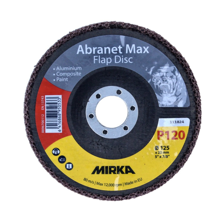 Mirka Abranet Max Flap disc T29 125 mm 22 mm ALOX 120 10 Stück ( 10x 8896700112 ) Fächerscheibe für Aluminium, Verbundstoffe, Lack - Toolbrothers