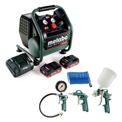 Metabo Power 160-5 18 LTX BL OF Akku Kompressor 18 V 8,0 bar Brushless + 2x Akku 4,0 Ah + Ladegerät + 4 tlg. Zubehör Set