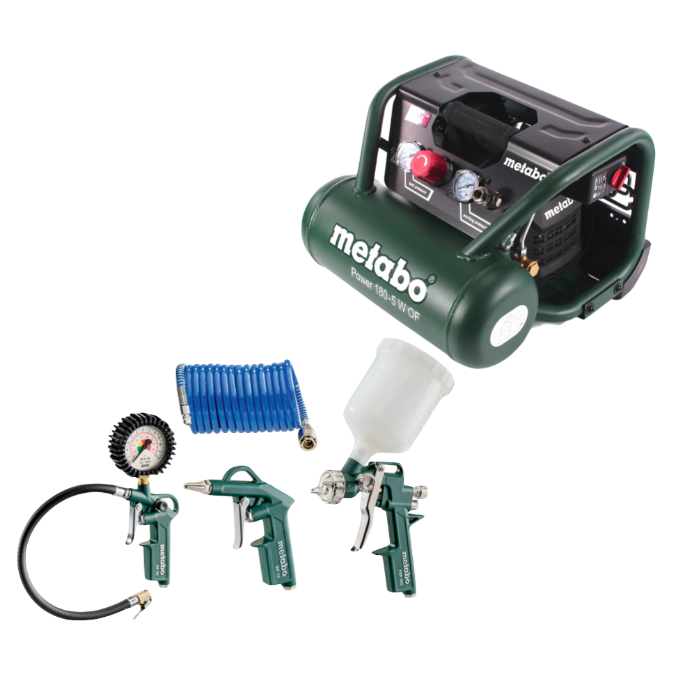 Metabo Power 180-5 W OF Kompressor 8 bar 1,1 kW ( 601531000 ) 5 l Kesselgröße ölfrei + 4 tlg. Zubehör Set