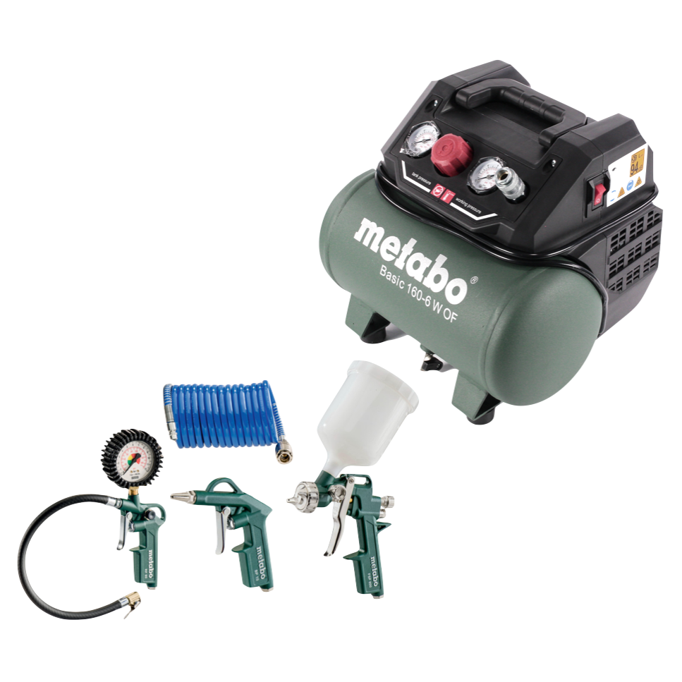 Compresseur Metabo Basic 160-6 W OF 900 W 8 bar (601501000) + jeu d'accessoires 4 pièces