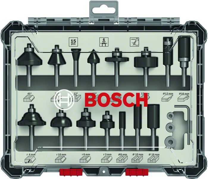 Bosch Mixed Fräser Set 15 tlg. 6 mm Schaft ( 2607017471 ) für Oberfräsen