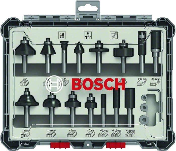 Bosch Mixed Fräser Set 8 mm 15 tlg. + Koffer ( 2607017472 ) für Oberfräsen mit Rundschaft - Toolbrothers