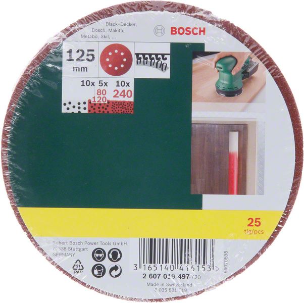 Bosch Exzenter Schleifpapier Set mit Klett gelocht K80 K120 K240 125 mm 25 Stück ( 2607019497 ) - Toolbrothers