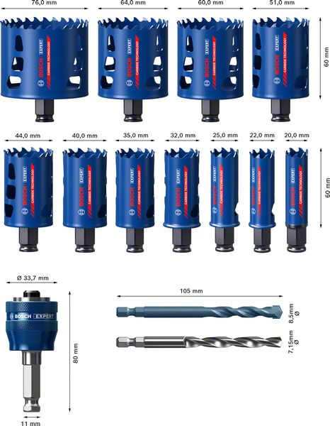 Bosch EXPERT Jeu de scies-cloches pour matériaux durs 20 - 76 mm 14 pièces (2608900447) Carbure Universel - successeur de 2608594185