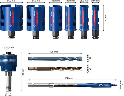 Bosch Expert Construction Material Lochsägen Set 10 tlg. 20 / 25 / 32 / 38 / 51 / 64 x 60 mm ( 2608900490 ) Carbide Technology für Dreh- und Schlagbohrer