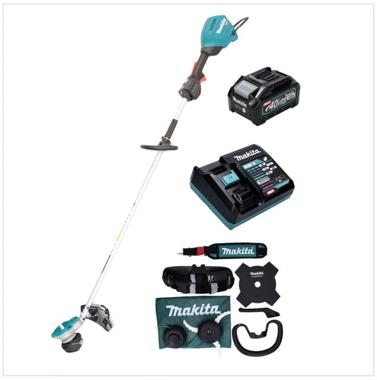 Makita UR 003 GM101 Akku Freischneider 40 V Brushless IPX4 + Akku 4,0 Ah + Ladegerät + Schultergurt + Messerkopf + Fadenkopf + Schlagmesser + Tasche