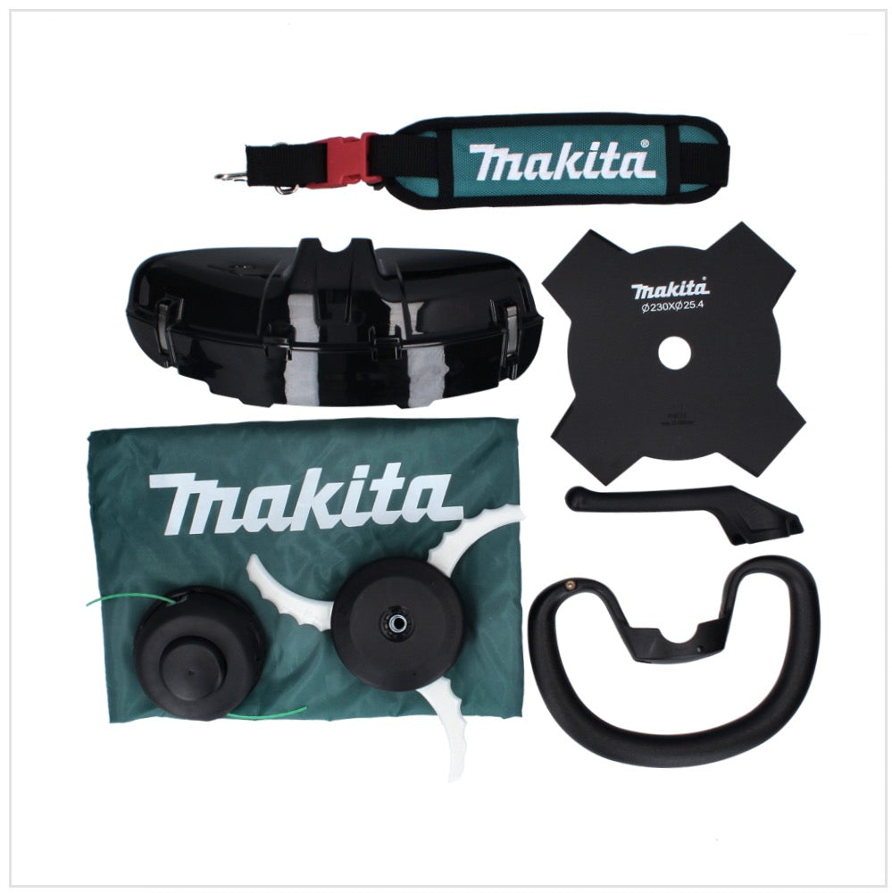 Makita UR 003 GM101 débroussailleuse à batterie 40 V brushless IPX4 + batterie 4,0 Ah + chargeur + bandoulière + tête de couteau + tête de fil + couteau à mouche + sac