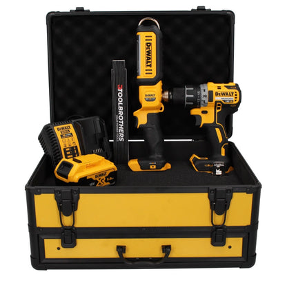 Perceuse-visseuse sans fil DeWalt DCD 791 P1 TX 18 V 70 Nm sans balais + lampe à batterie DCL 050 18 V + 1 batterie 5,0 Ah + chargeur + mètre pliant + coffret TX