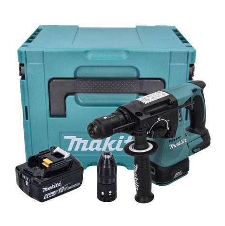 Taladro percutor inalámbrico Makita DHR 243 T1J 18 V 2,0 J SDS plus sin escobillas + 1x batería 5,0 Ah + Makpac - sin cargador