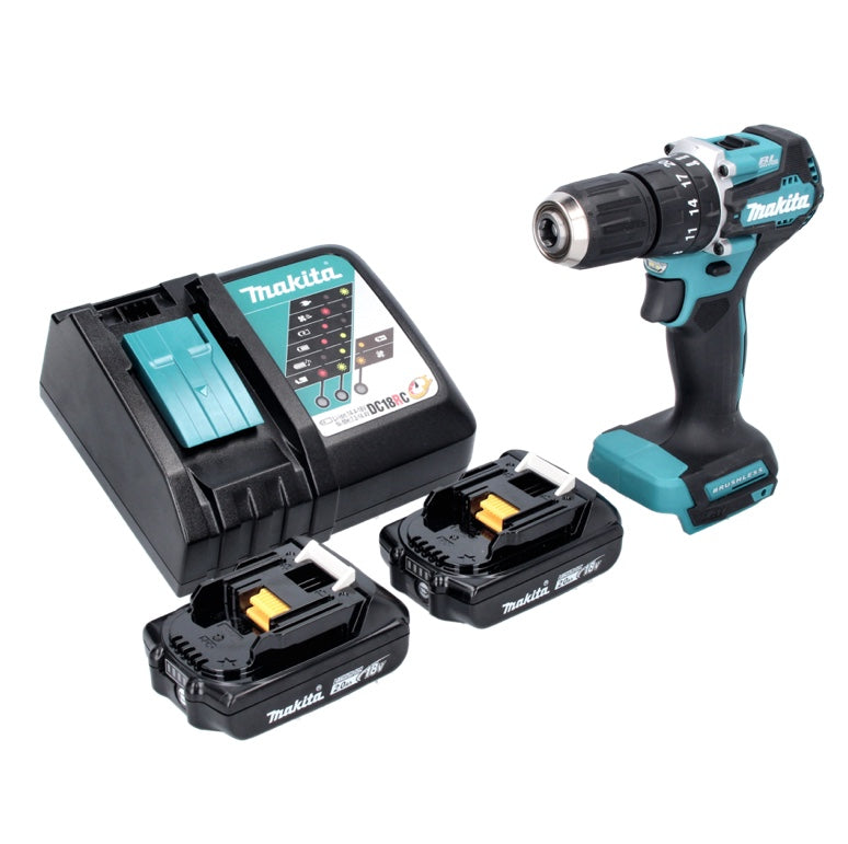 Makita DHP 487 RA Akku Schlagbohrschrauber 18 V 40 Nm Brushless + 2x Akku 2,0 Ah + Ladegerät