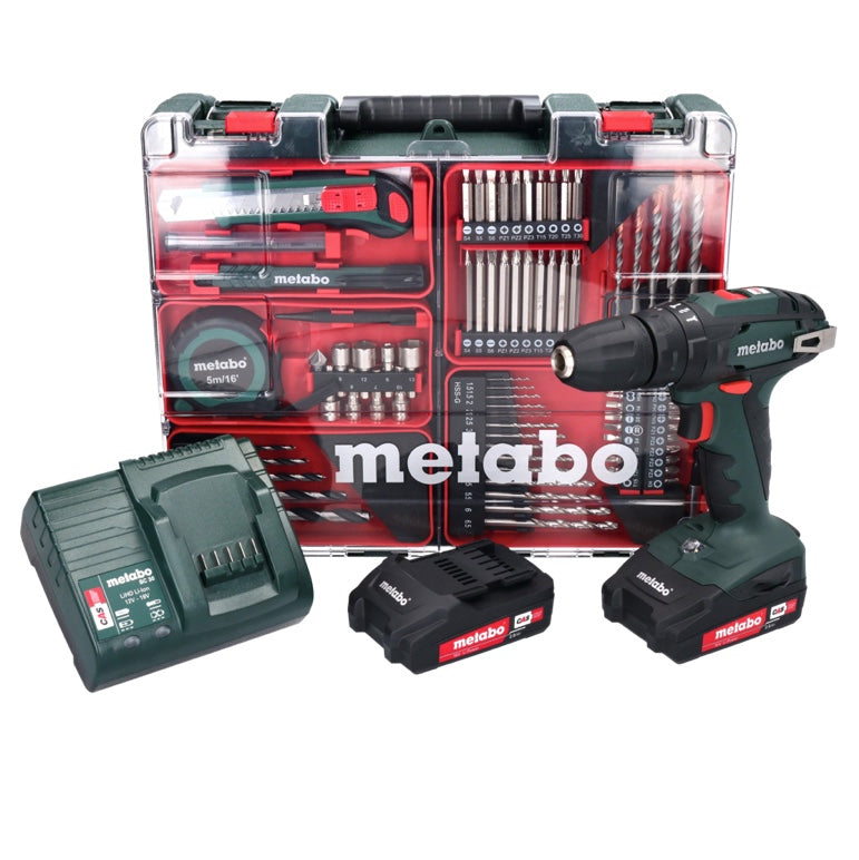 Metabo SB 18 Set Akku Schlagbohrschrauber 18 Volt 48 Nm ( 602245880 ) + 2x Akku 2,0 Ah + Ladegerät + 88 tlg. Bit Bohrer Set + Koffer