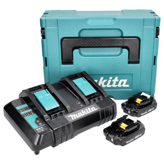 Kit source d'alimentation Makita 18 V avec 2 batteries BL 1820 B 2,0 Ah (197254-9) + double chargeur DC 18 SH (199687-4) + Makpac