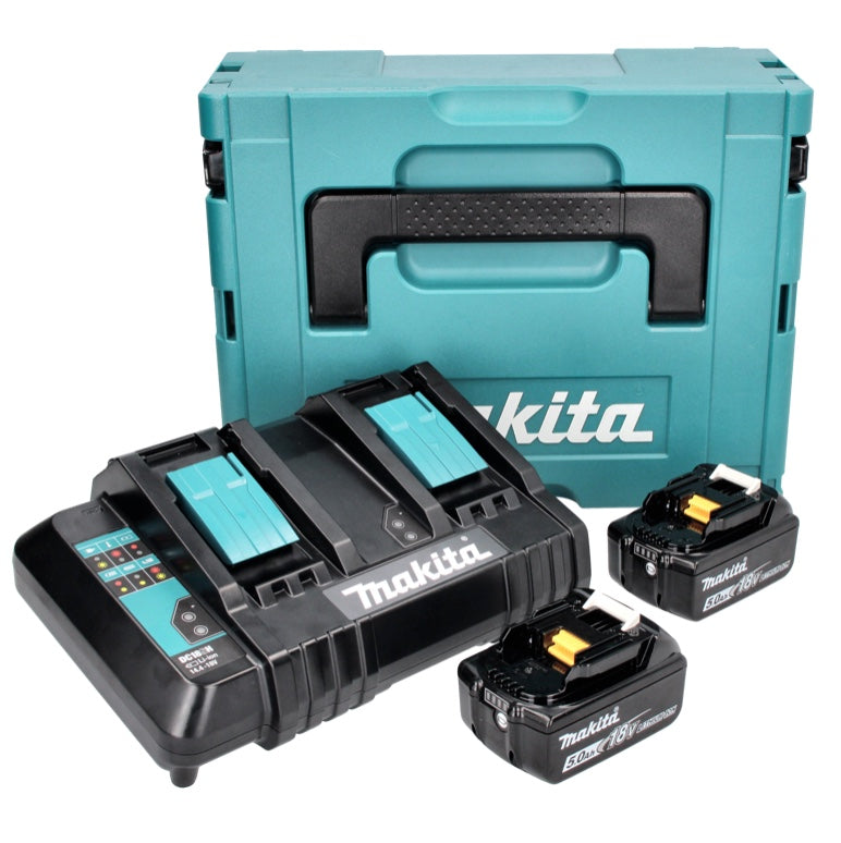 Kit source d'alimentation Makita 18 V avec 2 batteries BL 1850 B 5,0 Ah (197280-8) + double chargeur DC 18 SH (199687-4) + Makpac