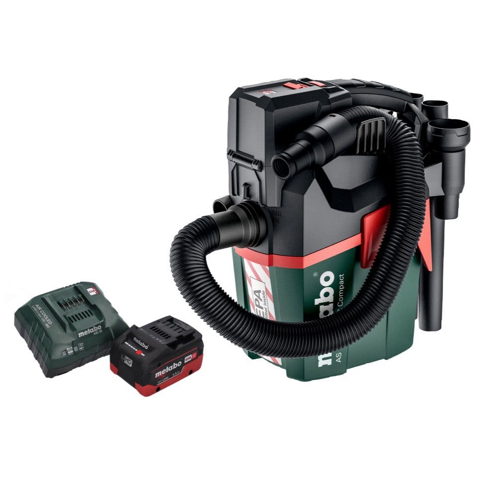 Metabo AS 18 HEPA PC Aspirateur à batterie compact 18 V Aspirateur eau et poussière 6 l avec fonction soufflante + 1 batterie 5,5 Ah + chargeur