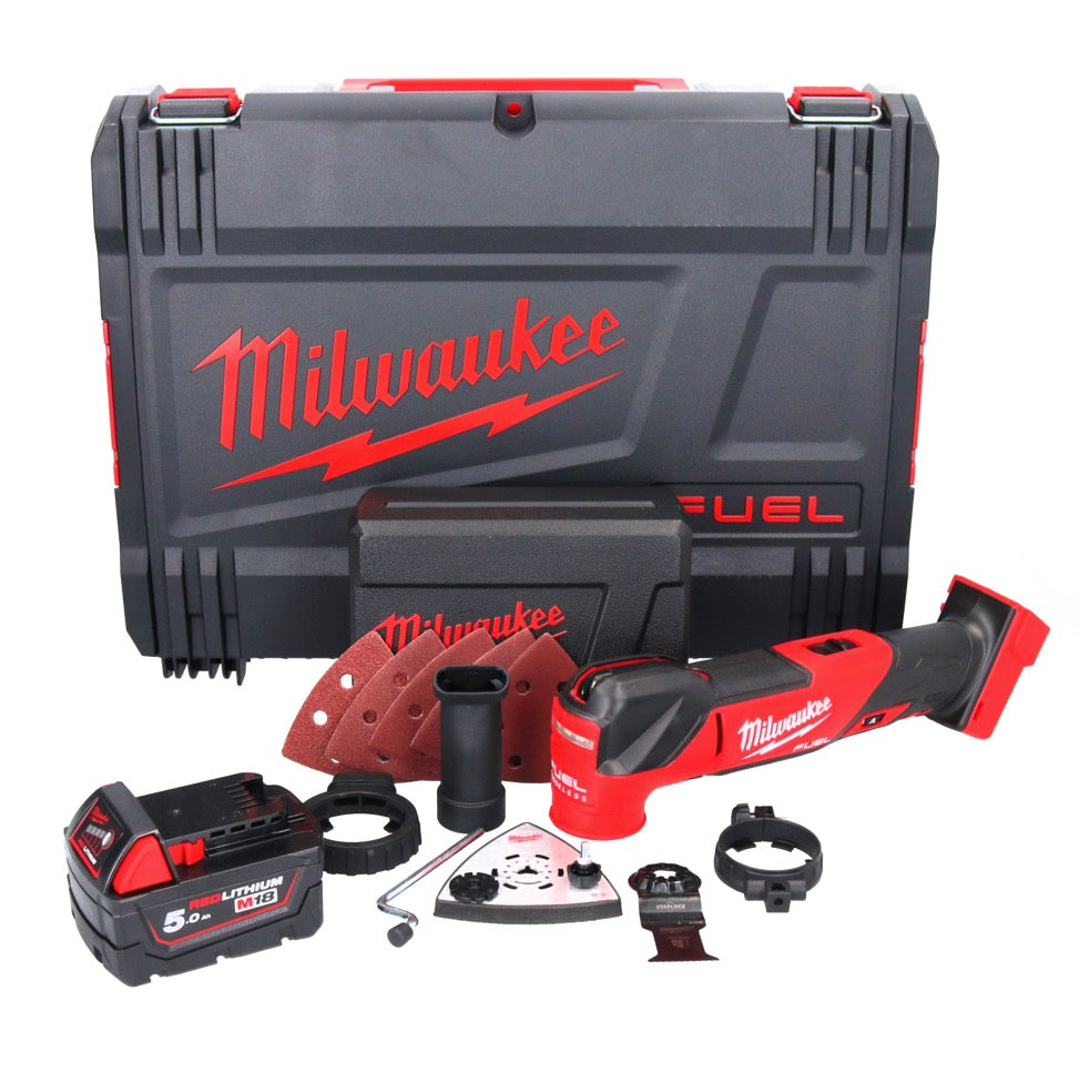 Outil multifonction à batterie Milwaukee M18 FMT-501X FUEL 18 V sans balais + 1x batterie 5,0 Ah + jeu d'accessoires 7 pièces + boîtier HD - sans chargeur