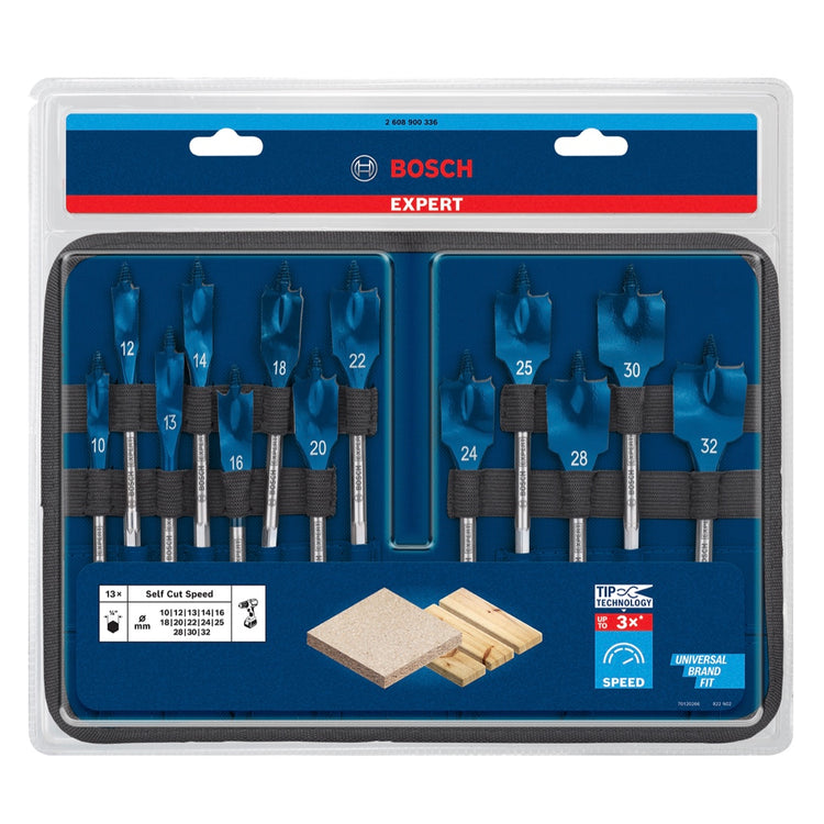 Bosch EXPERT SelfCut Speed Flachfräsbohrer Set 10 - 32 mm 13 tlg. ( 2608900336 ) für Holz - Nachfolger von 2608587010