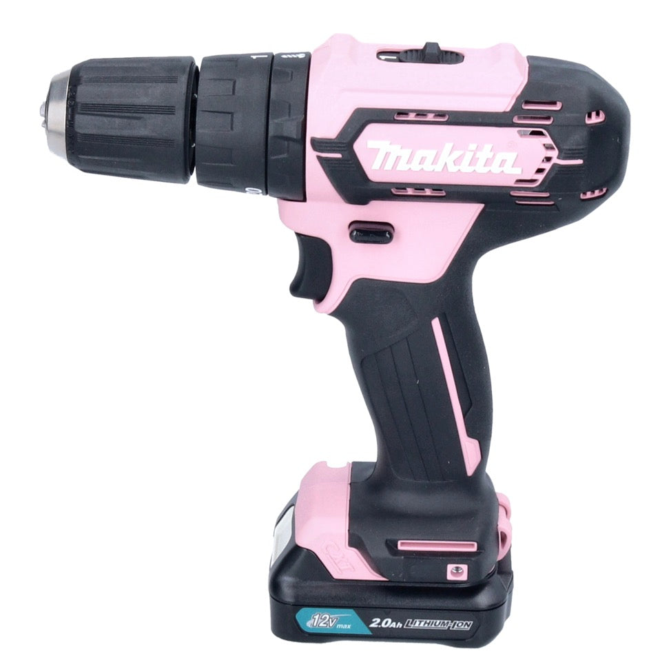 Makita HP 333 DSAP Akku Schlagbohrschrauber 12 V 30 Nm rosa + 1x Akku 2,0 Ah + Ladegerät + Koffer