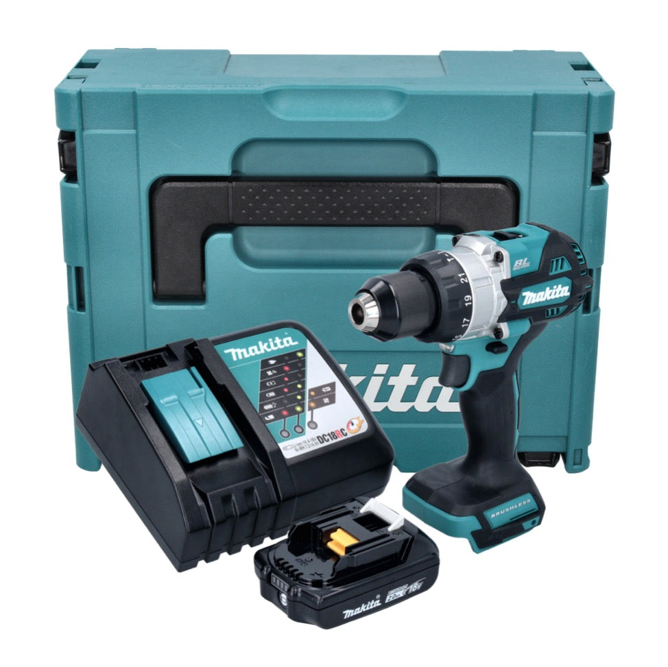 Makita DHP 486 RA1J perceuse à percussion sans fil 18 V 130 Nm sans balai + 1x batterie 2,0 Ah + chargeur + Makpac