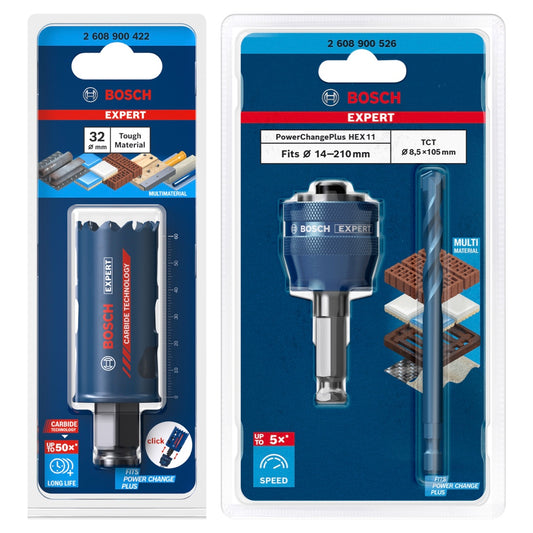 Bosch EXPERT Tough Material Lochsägen Starter Set 32 x 60 mm Carbide ( 2608900422 ) Universal + Power Change Adapter ( 2608900526 )