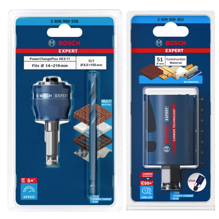 Bosch EXPERT Construction Material Lochsägen Starter Set 51 x 60 mm ( 2608900463 ) Universal + Power Change Adapter ( 2608900526 )