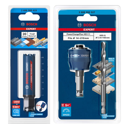 Bosch EXPERT Tough Material Lochsägen Starter Set 20 x 60 mm Carbide ( 2608900419 ) Universal + Power Change Adapter ( 2608900527 )