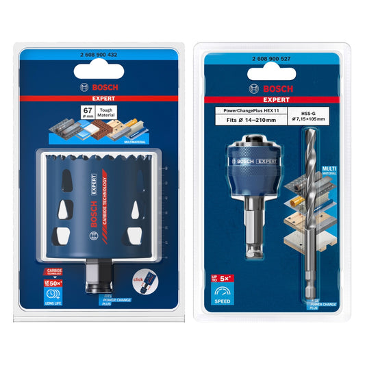 Bosch EXPERT Tough Material Lochsägen Starter Set 67 x 60 mm Carbide ( 2608900432 ) Universal + Power Change Adapter ( 2608900527 )