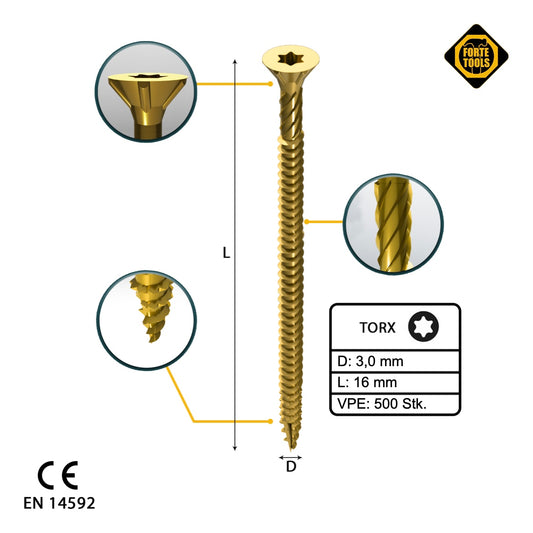 FORTE Tools Universal Holzschraube 3,0 x 16 mm T10 500 Stk. ( 000051399461 ) gelb verzinkt Torx Senkkopf Vollgewinde - Toolbrothers