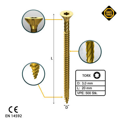 FORTE Tools Universal Holzschraube 3,0 x 20 mm T10 500 Stk. ( 000051399462 ) gelb verzinkt Torx Senkkopf Vollgewinde