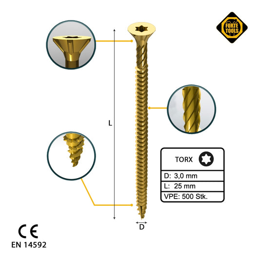 FORTE Tools Vis à bois universelle 3,0 x 25 mm T10 500 pièces (000051399463) tête fraisée Torx galvanisée jaune filetage complet