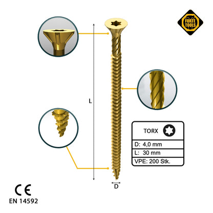 FORTE Tools Vis à bois universelle 4,0 x 30 mm T20 200 pièces (000051399473) tête fraisée Torx galvanisée jaune filetage complet