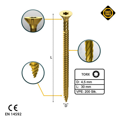 FORTE Tools vis à bois universelle 4,5 x 30 mm T20 200 pièces (000051399477) tête fraisée Torx galvanisée jaune filetage complet