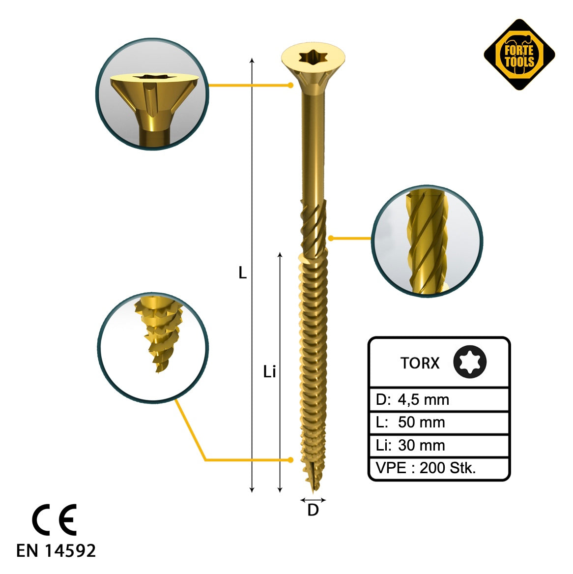 FORTE Tools Vis à bois universelle 4,5 x 50 mm T20 200 pièces (000051399479) tête fraisée Torx galvanisée jaune filetage partiel