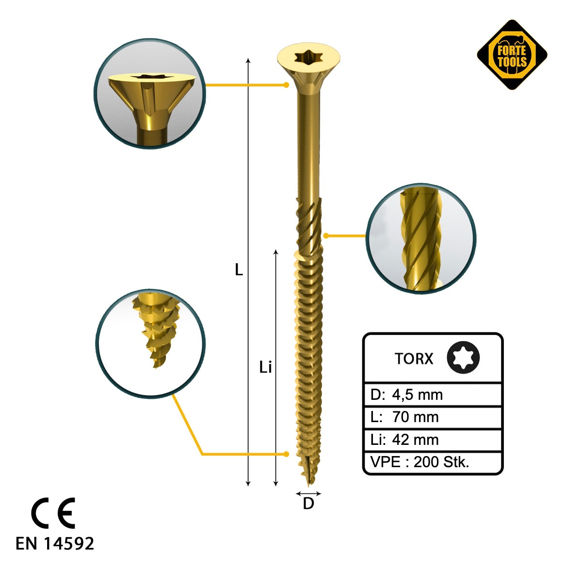 FORTE Tools Vis à bois universelle 4,5 x 70 mm T20 200 pièces (000051399481) tête fraisée Torx galvanisée jaune filetage partiel