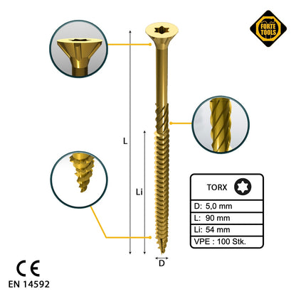 FORTE Tools Universal Holzschraube 5,0 x 90 mm T25 100 Stk. ( 000051399490 ) gelb verzinkt Torx Senkkopf Teilgewinde