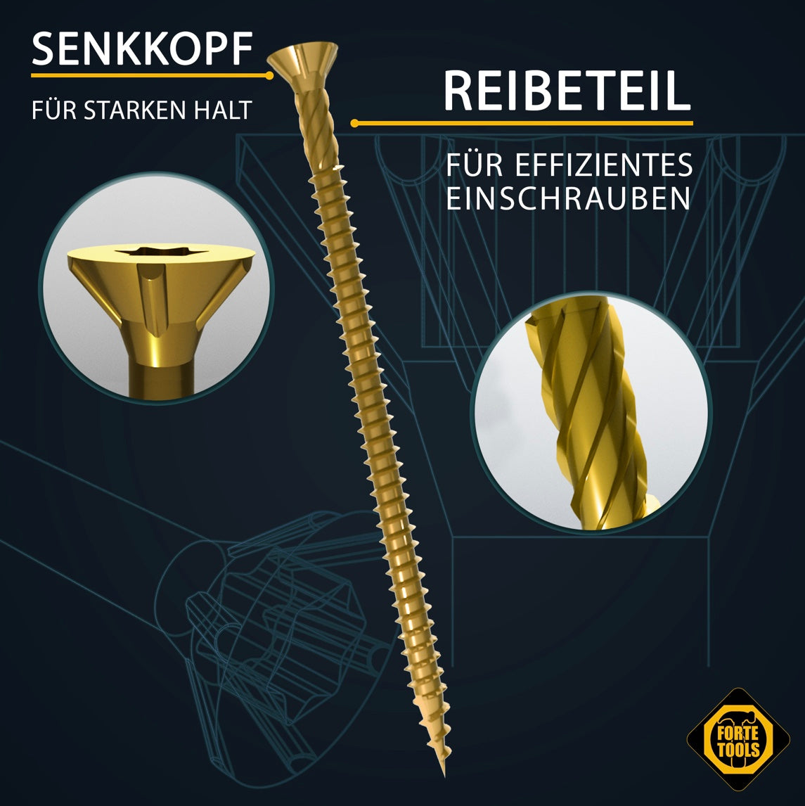 FORTE Tools Universal Holzschraube 6,0 x 50 mm T30 100 Stk. ( 000051399493 ) gelb verzinkt Torx Senkkopf Vollgewinde - Toolbrothers