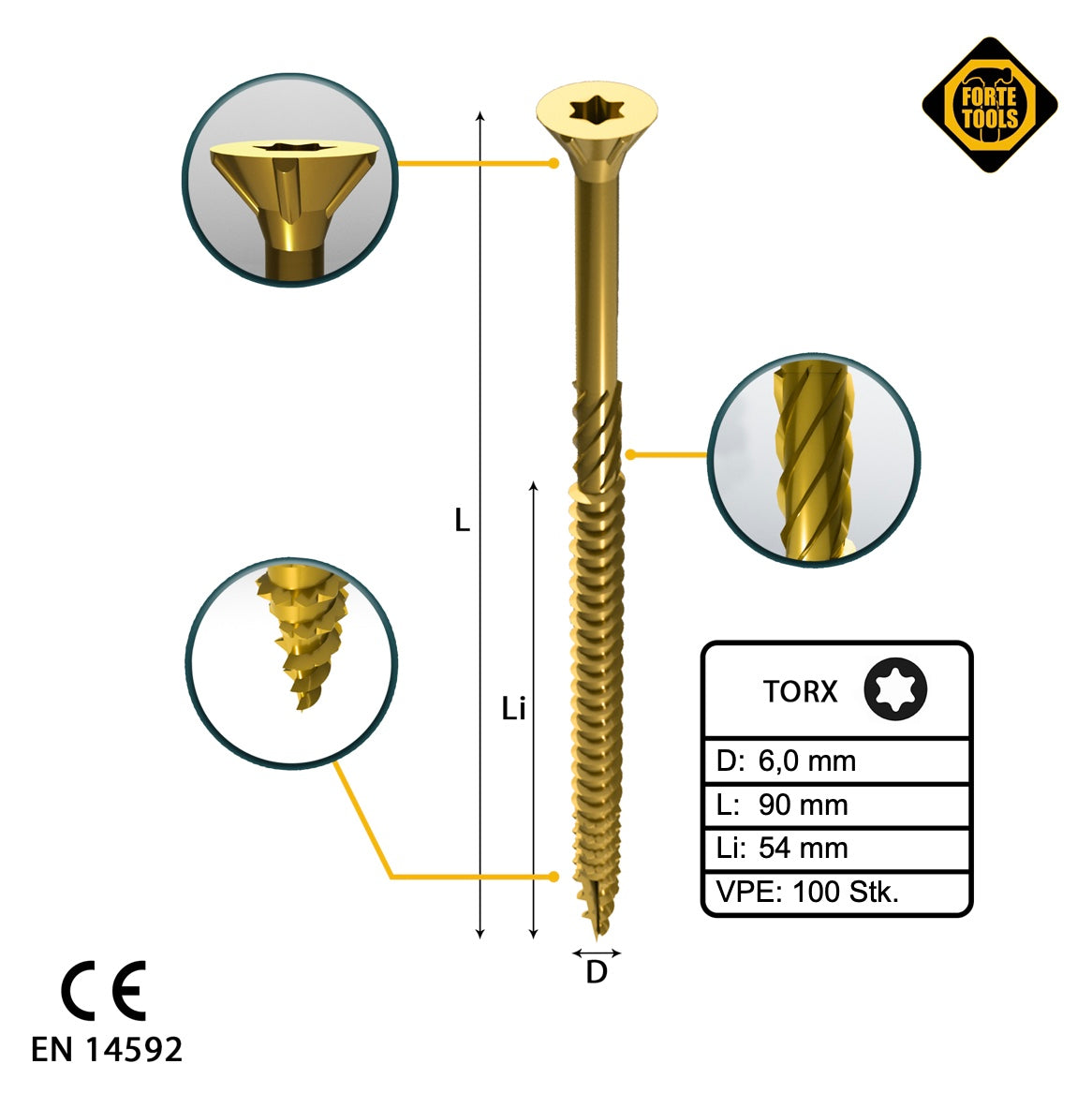 FORTE Tools Universal Holzschraube 6,0 x 90 mm T30 100 Stk. ( 000051399497 ) gelb verzinkt Torx Senkkopf Teilgewinde