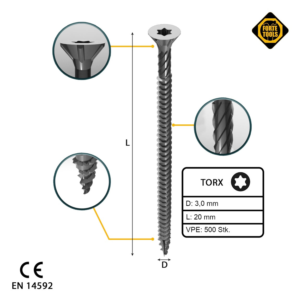 FORTE Tools Vis à bois universelle 3,0 x 20 mm T10 500 pièces (000040113857) argent galvanisé tête fraisée Torx filetage complet