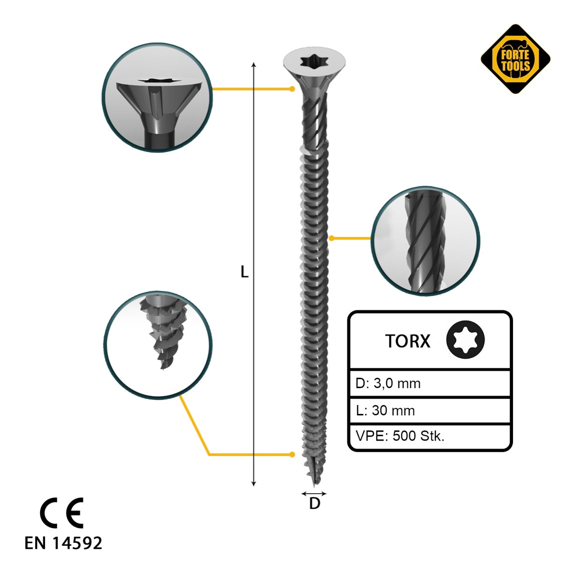 FORTE Tools Universal Holzschraube 3,0 x 30 mm T10 500 Stk. ( 000040113859 ) silber verzinkt Torx Senkkopf Vollgewinde - Toolbrothers