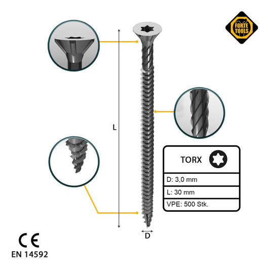 FORTE Tools Universal Holzschraube 3,0 x 30 mm T10 500 Stk. ( 000040113859 ) silber verzinkt Torx Senkkopf Vollgewinde - Toolbrothers