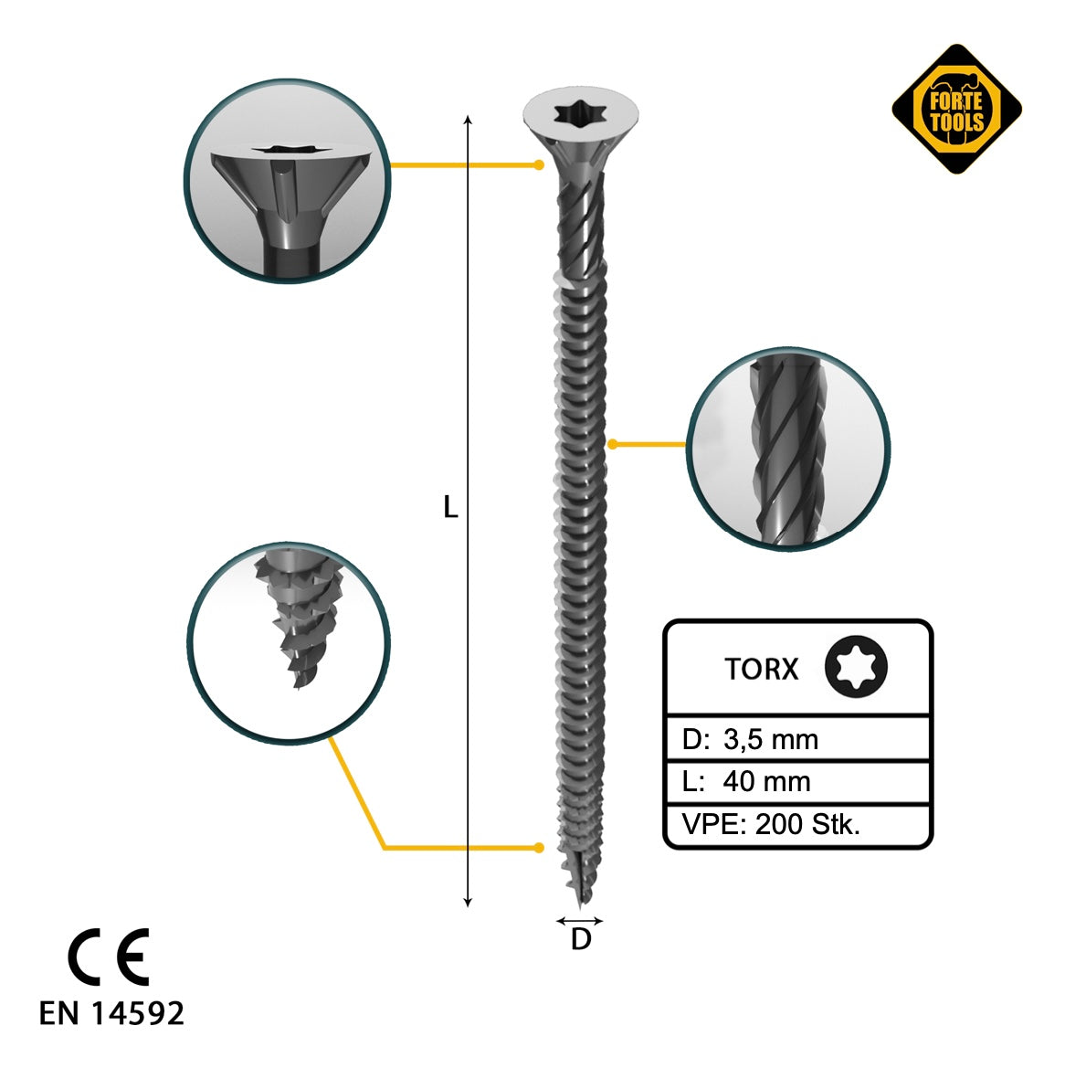 FORTE Tools Universal Holzschraube 3,5 x 40 mm T15 200 Stk. ( 000040113865 ) silber verzinkt Torx Senkkopf Vollgewinde