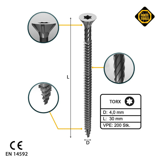 FORTE Tools Vis à bois universelle 4,0 x 30 mm T20 200 pièces (000040113868) tête fraisée Torx galvanisée argent filetage complet