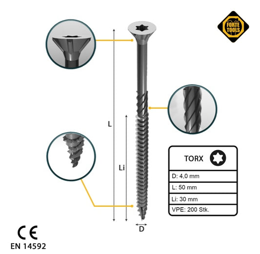 FORTE Tools Vis à bois universelle 4,0 x 50 mm T20 200 pièces (000040113870) argent galvanisé tête fraisée Torx filetage partiel