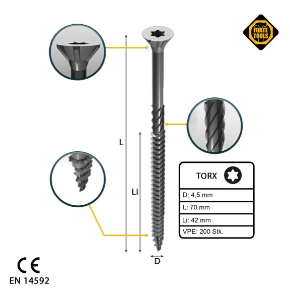 FORTE Tools Universal Holzschraube 4,5 x 70 mm T20 200 Stk. ( 000040113876 ) silber verzinkt Torx Senkkopf Teilgewinde