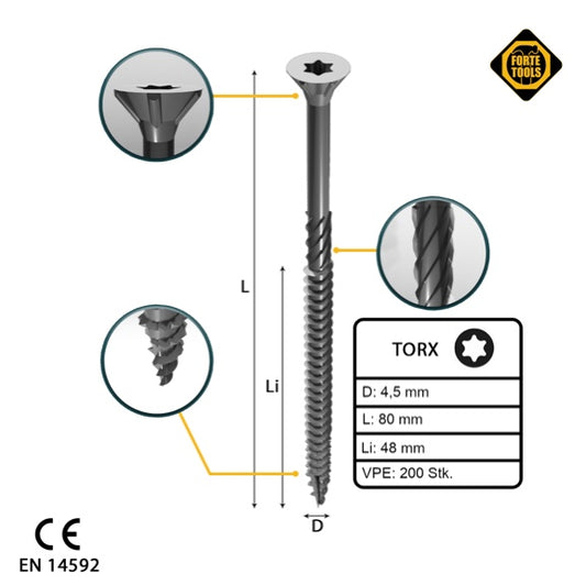 FORTE Tools vis à bois universelle 4,5 x 80 mm T20 200 pièces (000040113877) tête fraisée Torx galvanisée argent filetage partiel