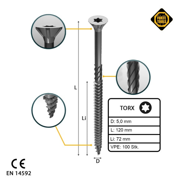 FORTE Tools Universal Holzschraube 5,0 x 120 mm T25 100 Stk. ( 000040113879 ) silber verzinkt Torx Senkkopf Teilgewinde