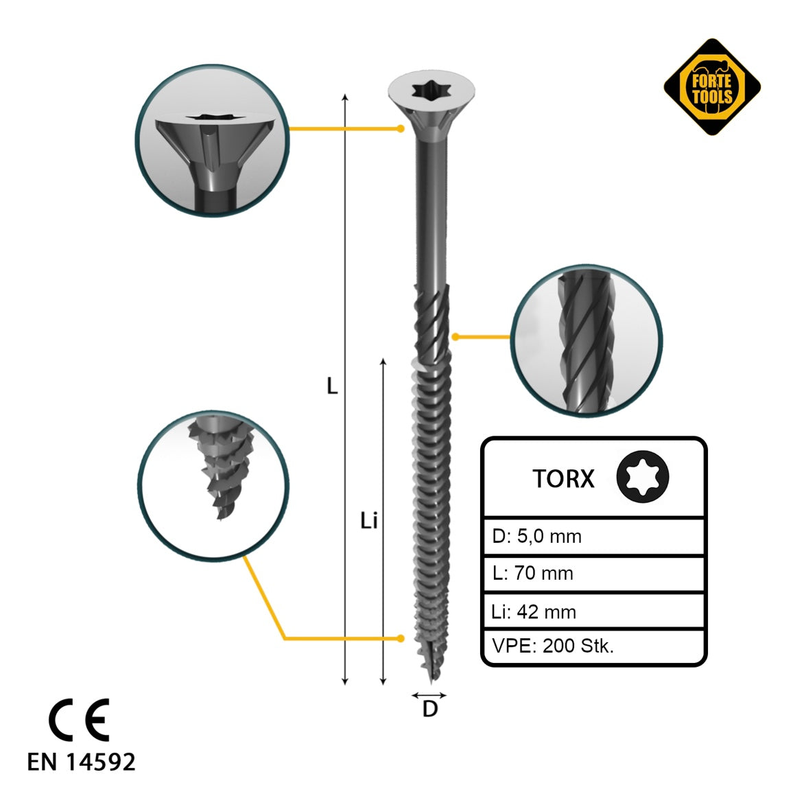 FORTE Tools Vis à bois universelle 5,0 x 70 mm T25 200 pièces (000040113883) tête fraisée Torx galvanisée argent filetage partiel