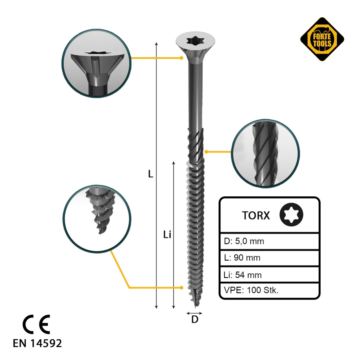 FORTE Tools vis à bois universelle 5,0 x 90 mm T25 100 pièces (000040113885) tête fraisée Torx galvanisée argent filetage partiel