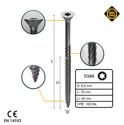 FORTE Tools Universal Holzschraube 6,0 x 70 mm T30 100 Stk. ( 000040113890 ) silber verzinkt Torx Senkkopf Teilgewinde