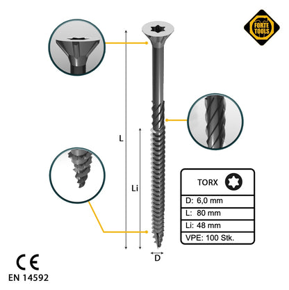 FORTE Tools Vis à bois universelle 6,0 x 80 mm T30 100 pièces (000040113891) argent galvanisé tête fraisée Torx filetage partiel